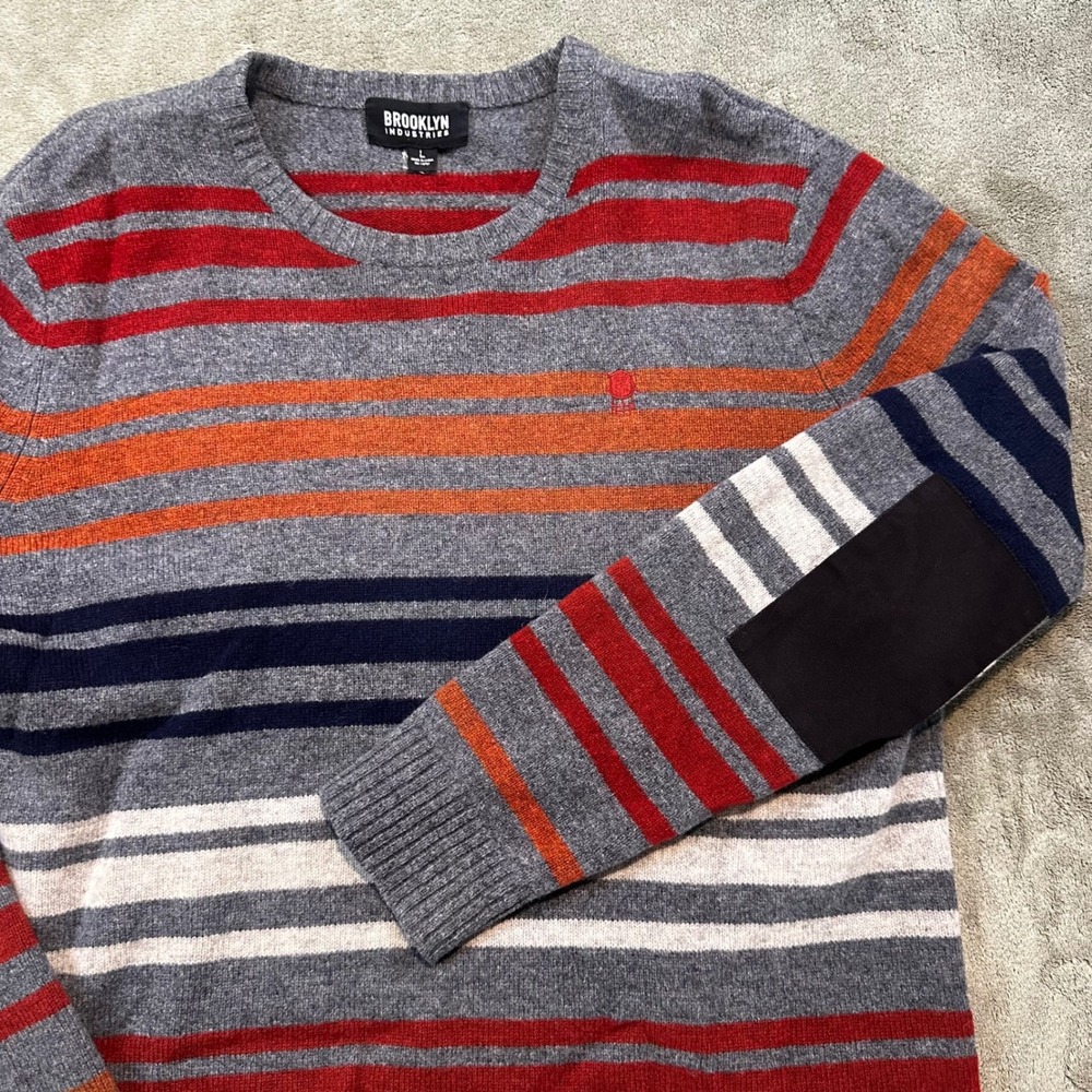 Brooklyn Industries Mens L Lambswool Striped Sweater Grey Red Elbow Patches